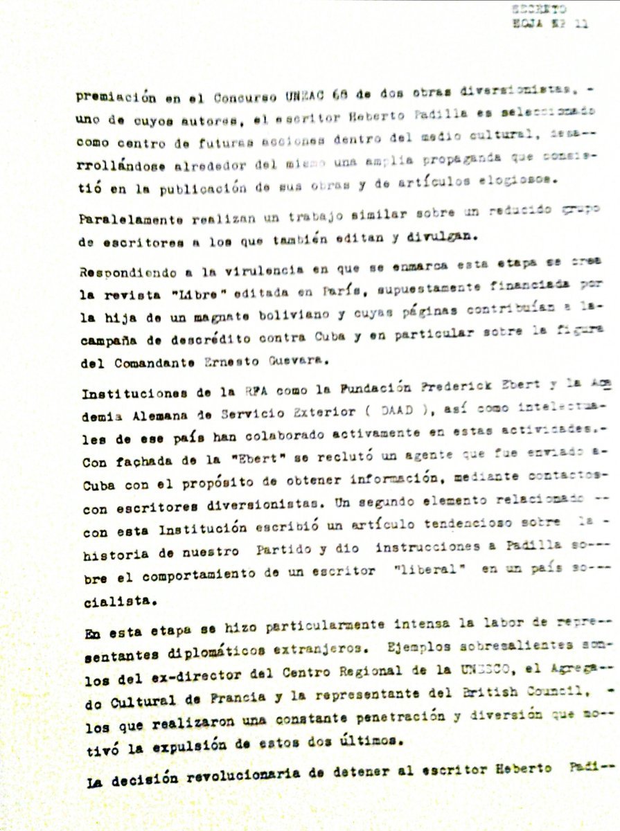 Página 11 del informe que presentaron los servicios cubanos de inteligencia en el Seminario sobre el Diversionismo Ideológico, 1974