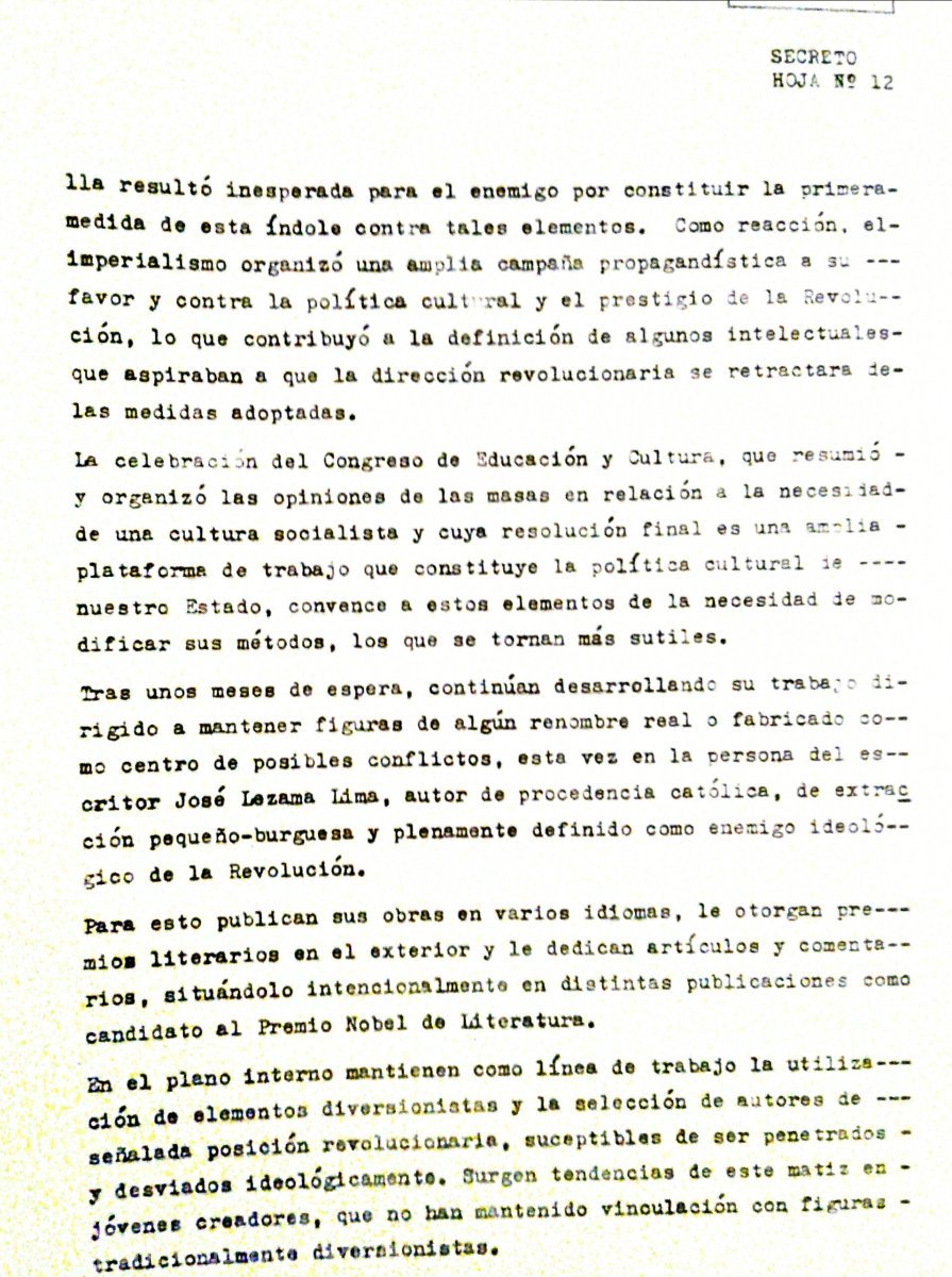 Página 12 del informe que presentaron los servicios cubanos de inteligencia en el Seminario sobre el Diversionismo Ideológico, 1974