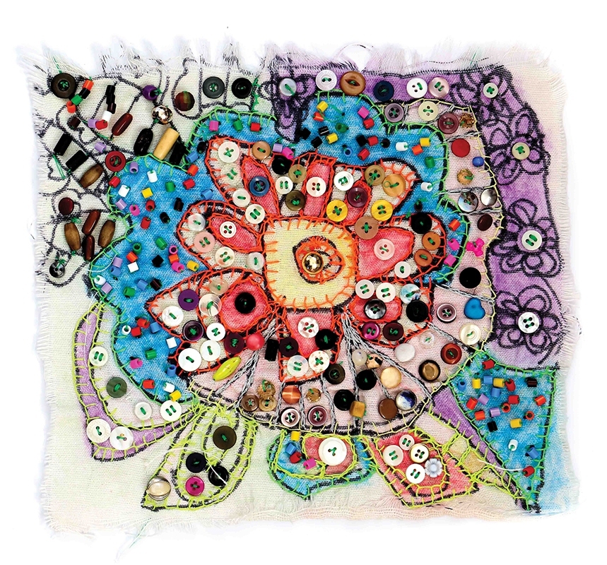 Taimy Linares Rabago. Crayola, objetos tejidos y bordado sobre tela, 2022
