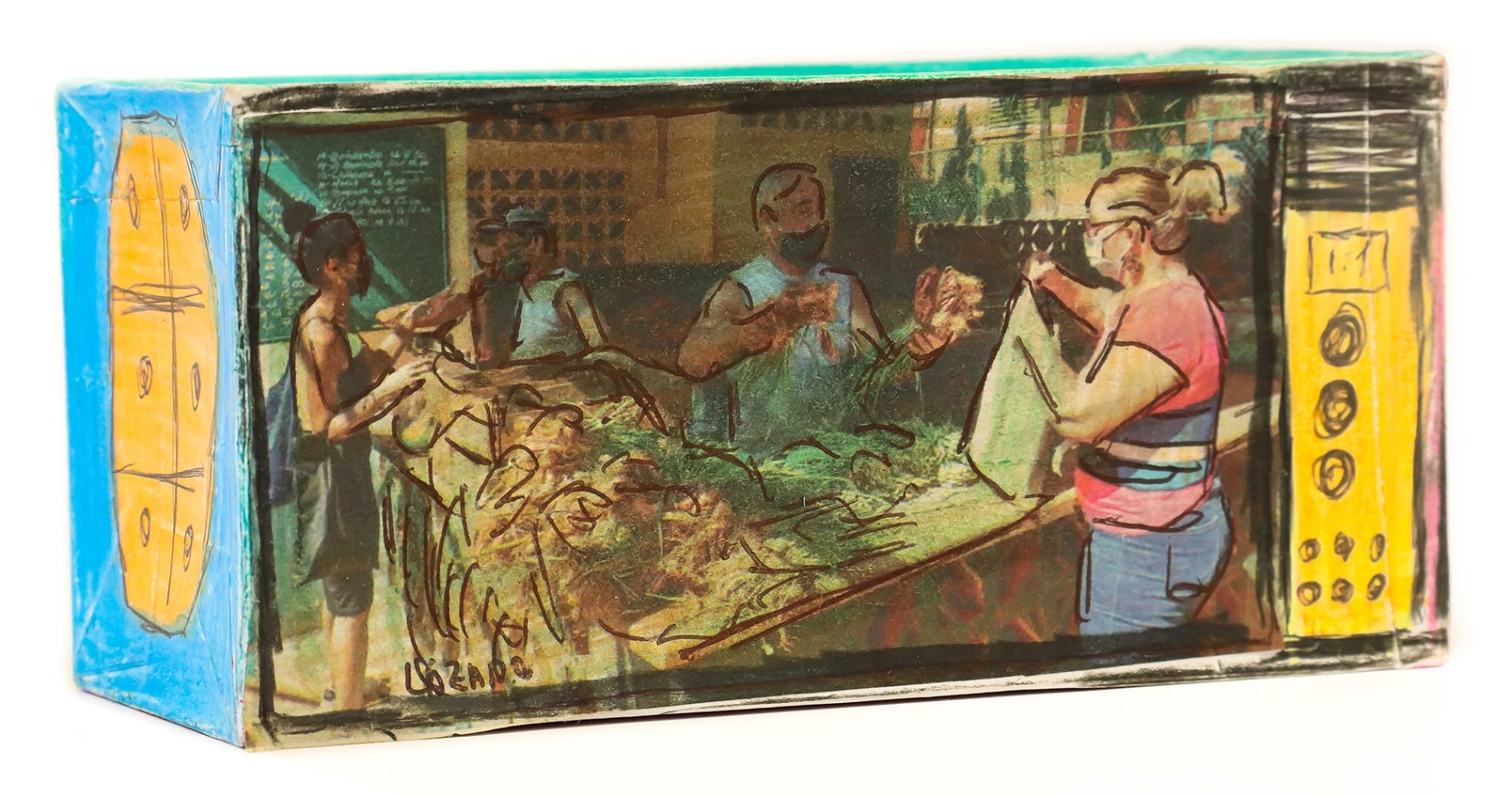 Lázaro Antonio Martínez Durán. Técnica mixta y collage sobre caja de cartón recuperada. 6.5 cm x 14 cm x 6 cm. 2022
