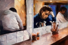 At the cafe, 2025. Oil on panel. 8” x 6"