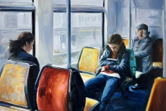 Girls on the bus, 2025. Oil on panel, 9” x 12”
