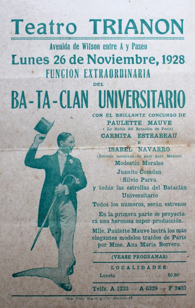 Cartel promocional del Bataclán Universitario. Noviembre de 1928. Cortesía de Rufino del Valle.